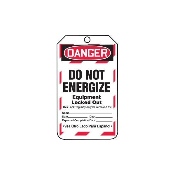 Accuform Safety Tags, DANGER DO NOT ENERGIZE EQUIPMENT LOCKED OUT Bilingual Spanish, 5.75in x 3.25in, 25PK TSP183CTP - main